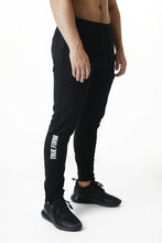 Load image into Gallery viewer, True form UK Tapered Statement Black Joggers for Gym Wear UK
