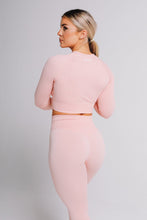 Load image into Gallery viewer, Lady standing showing her back and facing sidewise, wearing Baby Pink Ribbed Leggings and Top of True Form

