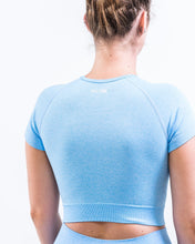 Load image into Gallery viewer, Bac picture of the woman wearing Sky Blue Top of True Form UK, a Gym Clothing brand.
