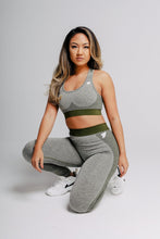 Load image into Gallery viewer, A woman wearing True Form&#39;s Olive Sports Gym Legging and Bra 

