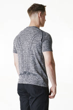 Load image into Gallery viewer, Back photo of a man wearing Charcoal men&#39;s muscle fit gym tshirt

