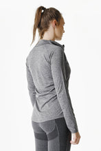 Load image into Gallery viewer, women standing facing backward wearing grey quarter zip of gym wear brand true form uk
