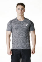 Load image into Gallery viewer, Front photo of a man wearing Charcoal men&#39;s muscle fit gym t-shirt
