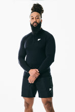 Load image into Gallery viewer, Back photo of a bearded man wearing Black Muscle Fit Zip T-shirtFront photo of a bearded man wearing Black Muscle Fit Zip T-shirt and black shorts
